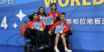 (From left to right: Nurulasyiqah Mohd Taha and her athlete competition partner, Nur Azizah; right: Aloysius Gan Kai Hong with his athlete competition partner, Eve Cher) (Photo credit: SDSC/Singapore Disability Sports Council)